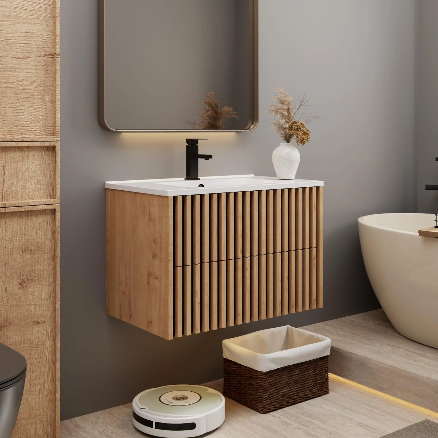 Floating Bathroom Vanity With Sink And Two Fluted Drawers