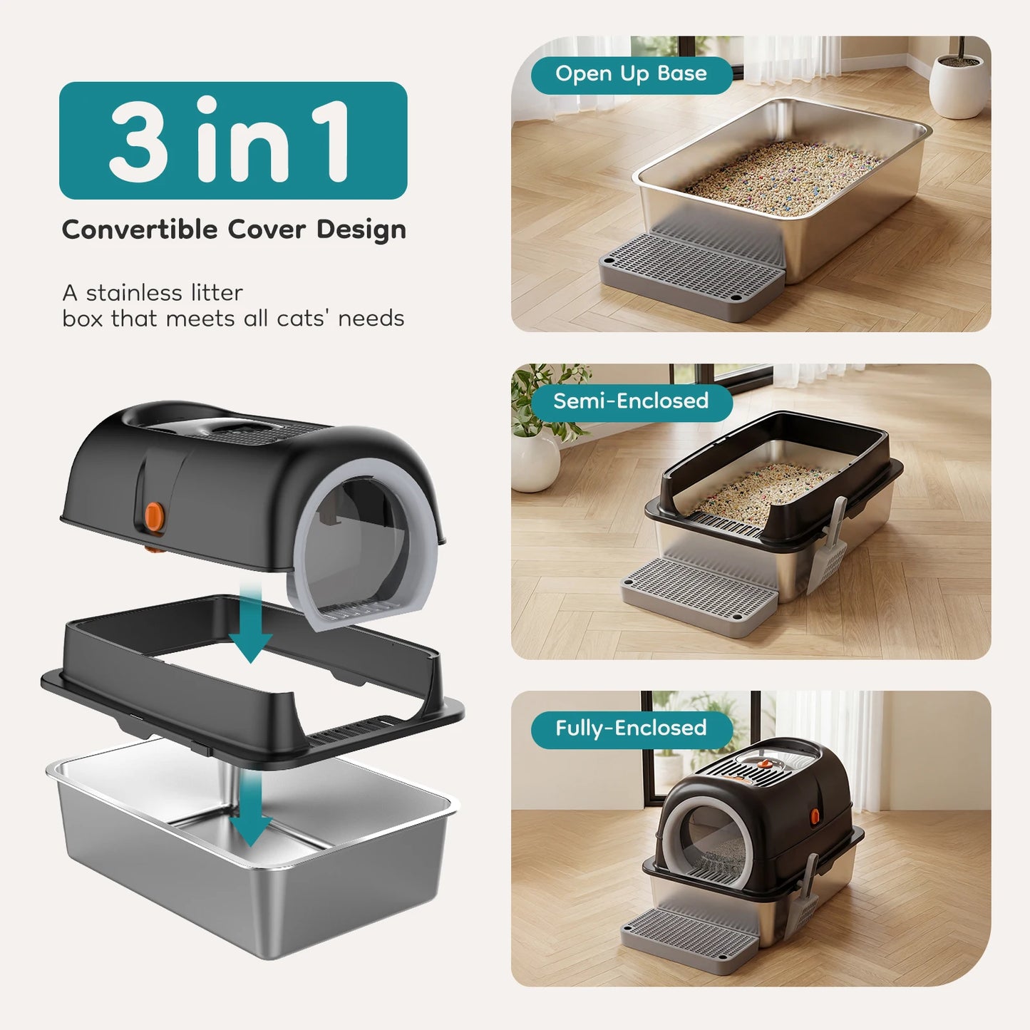 JHK Stainless Steel Enclosed Cat Litter Box Scoop Included