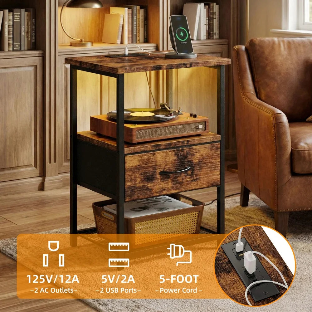 Bedside Table With Charging Station LED Nightstand