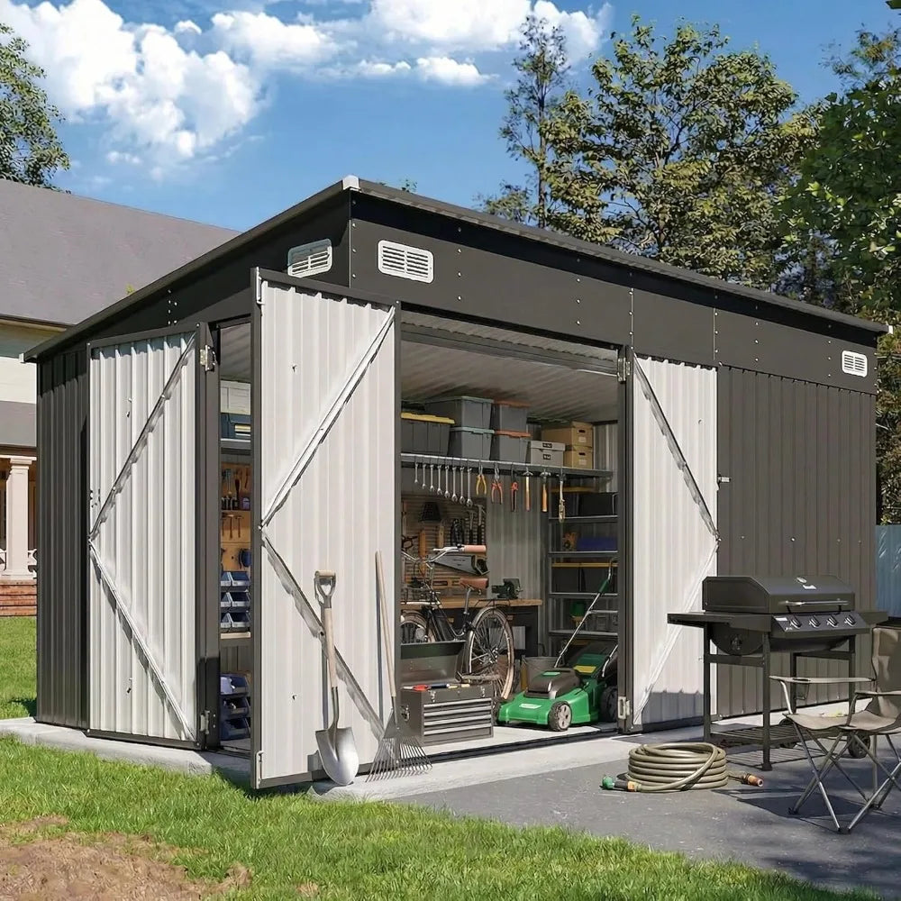 Outdoor Storage Shed With Triple Door Metal Lean To