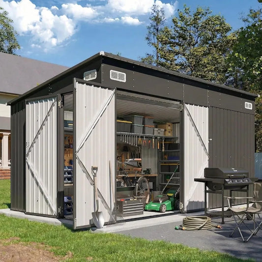 Outdoor Storage Shed With Triple Door Metal Lean To