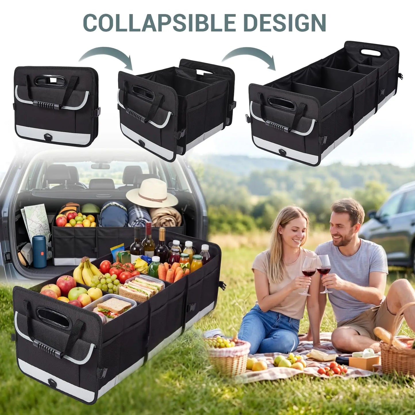 HiMISS Foldable 3 Section Black Car Trunk Organizer