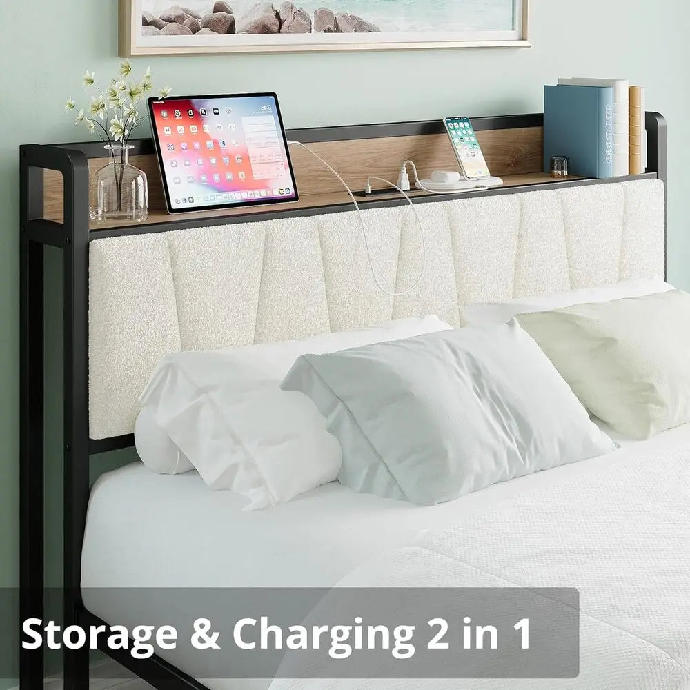 LIKIMIO Bed Frame With Storage Headboard And Charging Station