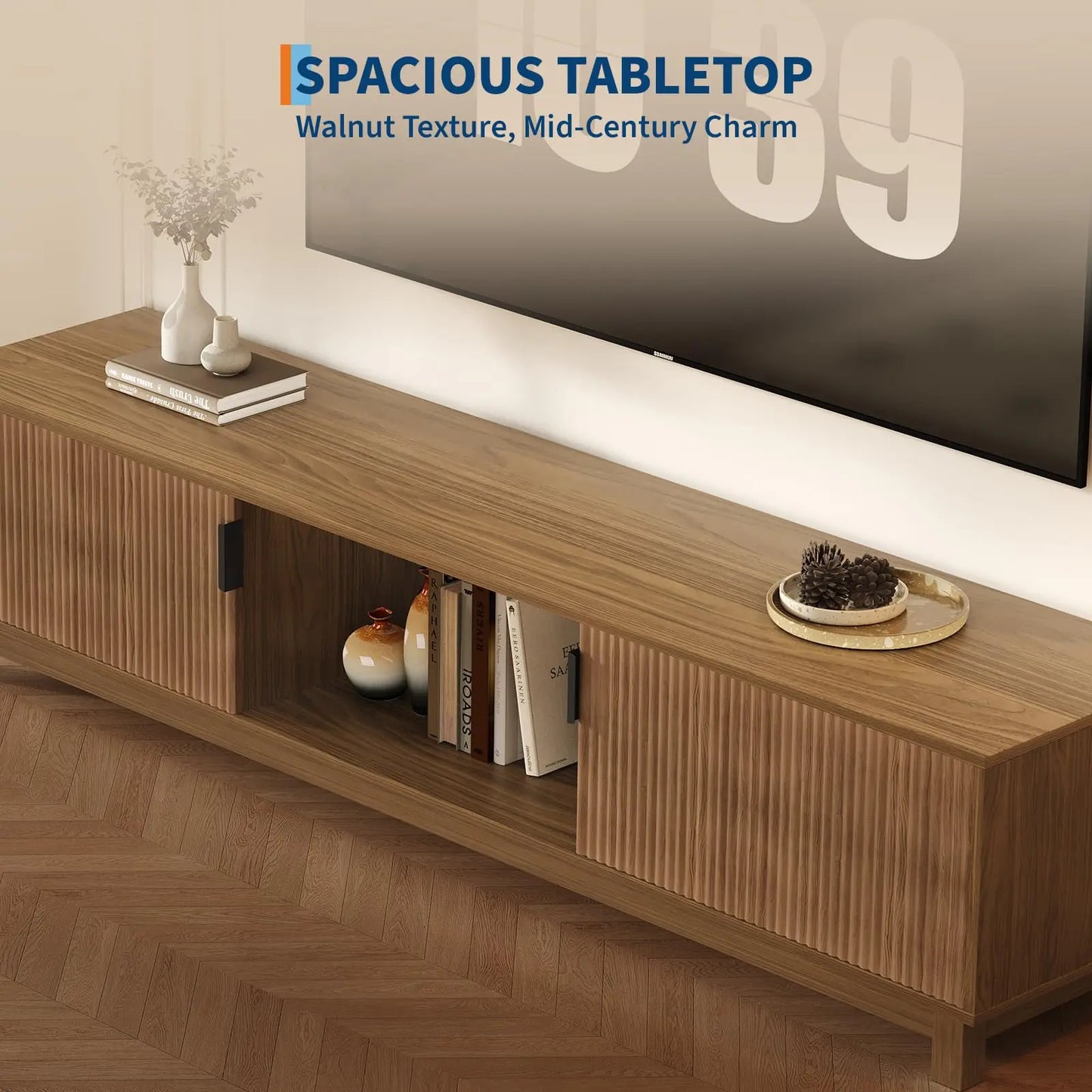 HiMISS Mid Century Fluted Wood TV Stand With Adjustable Shelves