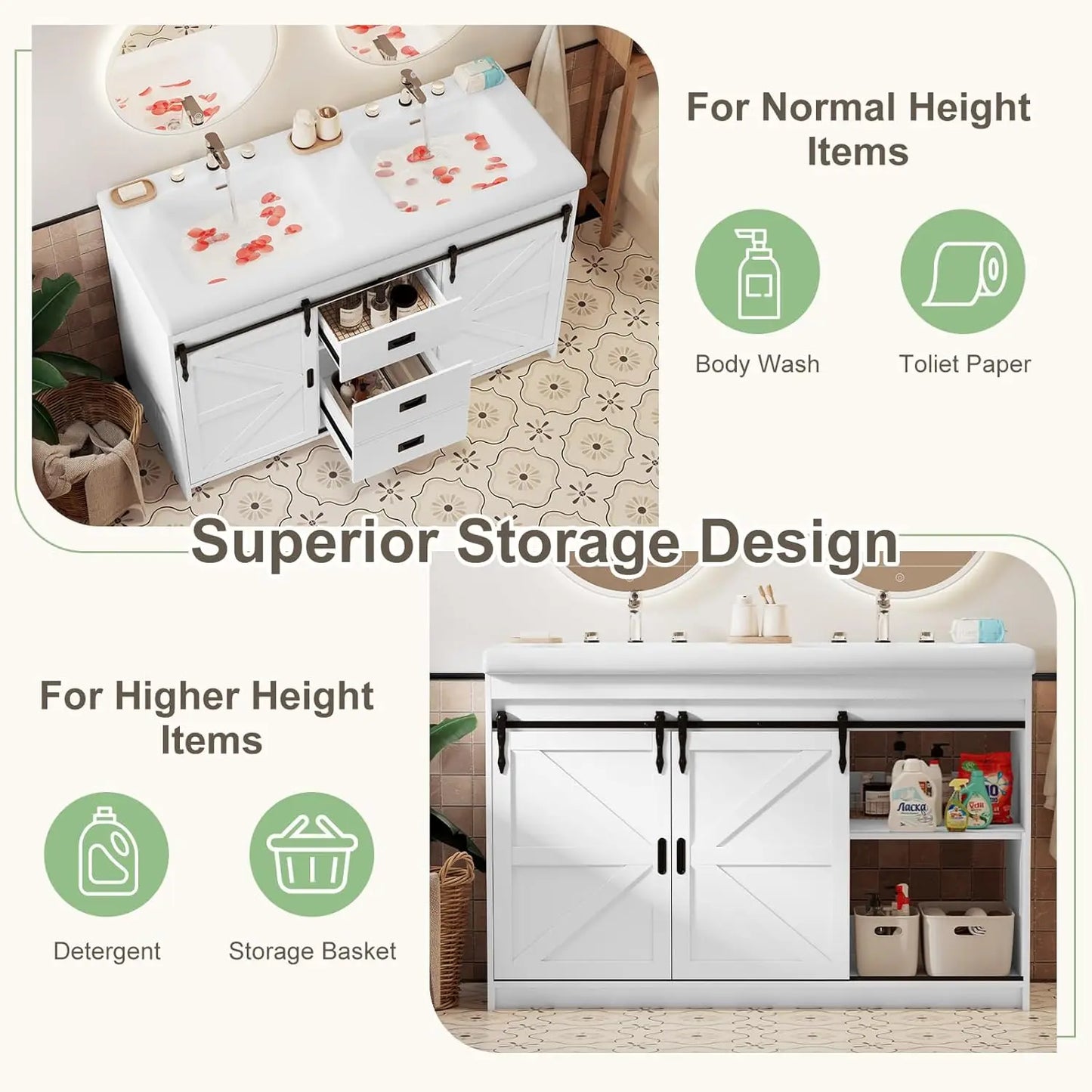 Double Sink Freestanding Bathroom Vanity With Barn Sliding Doors