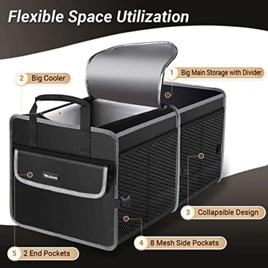 Car Trunk Organizer With Insulated Cooler And Foldable Dual Compartments