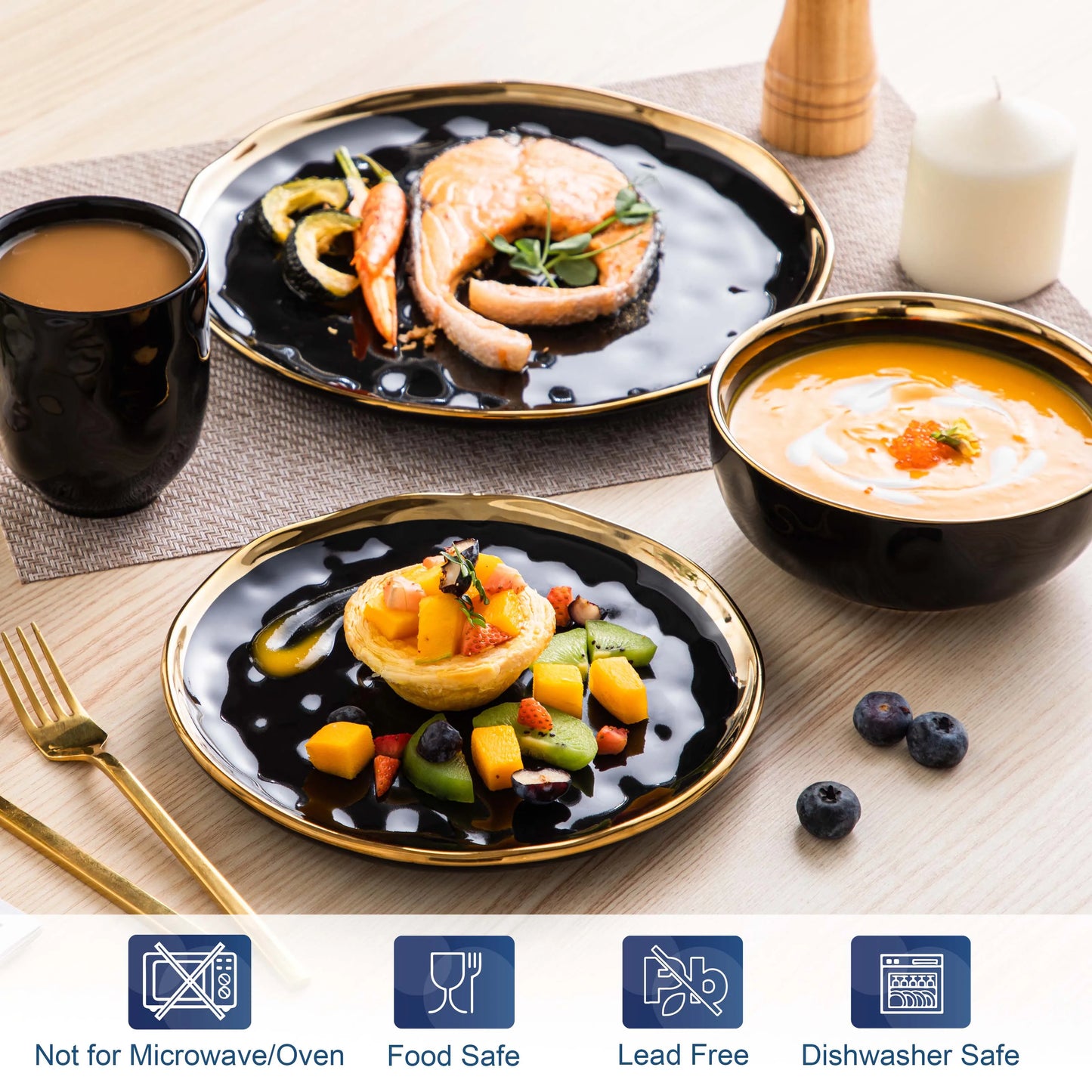 Malacasa Porcelain Dinnerware Set With Gold Trim, Elegant Tableware