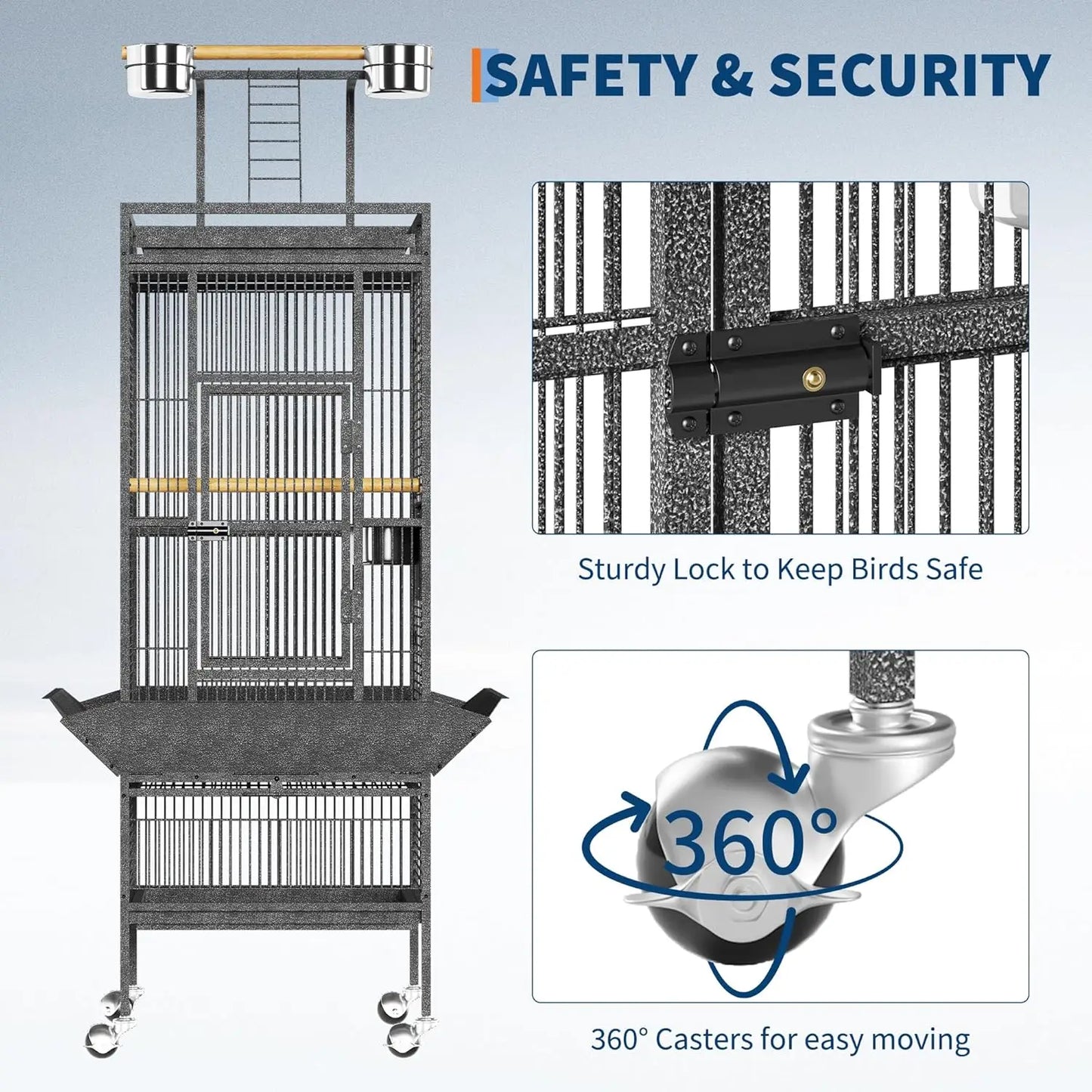 HiMISS Metal Bird Cage With Play Top And Swivel Wheels