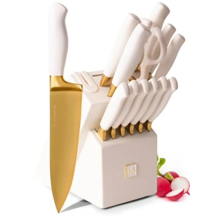 14-Piece Knife Set With Block And Built-In Sharpener Titanium-Coated Blades