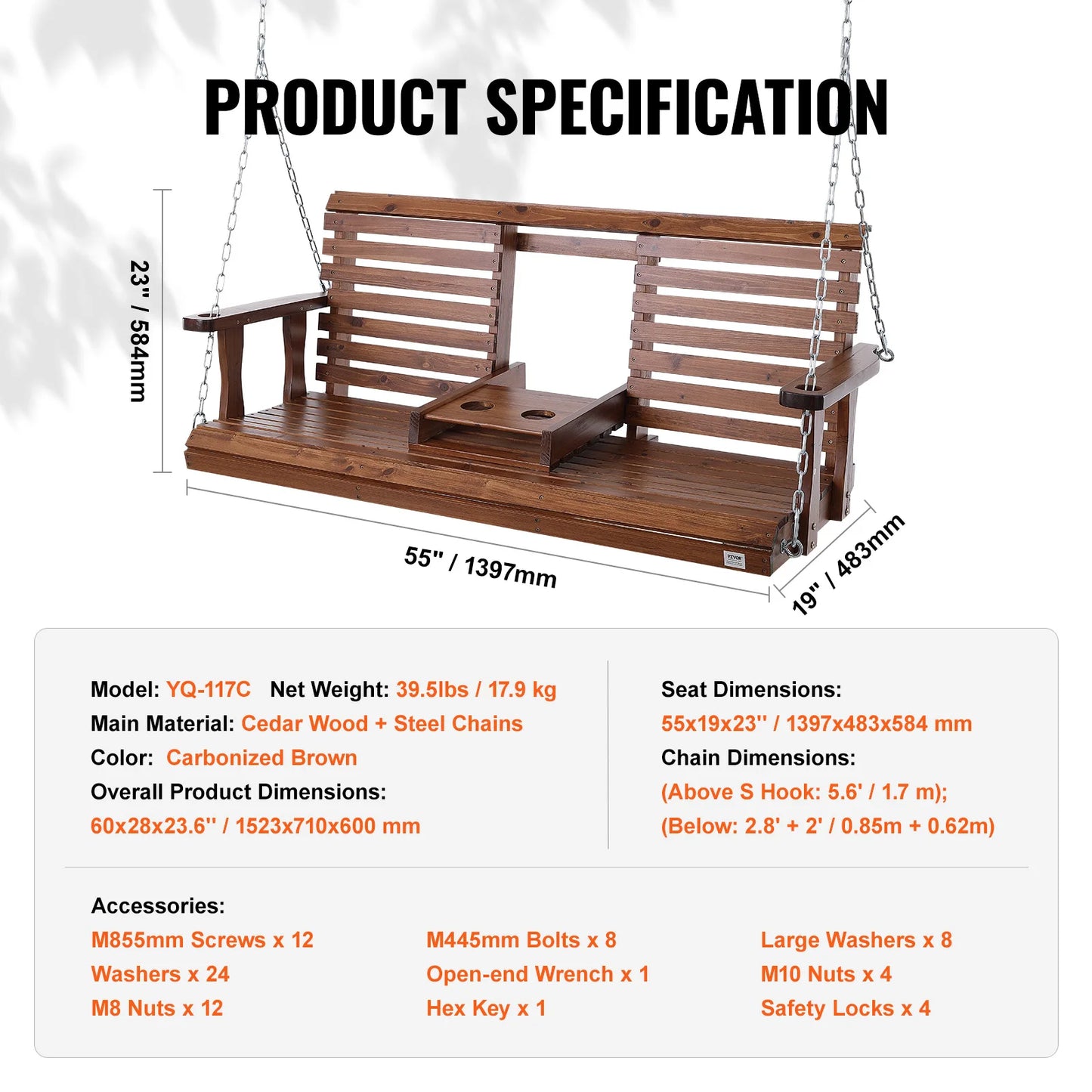 SucceBuy Cedar Wood Porch Swing With Steel Chains