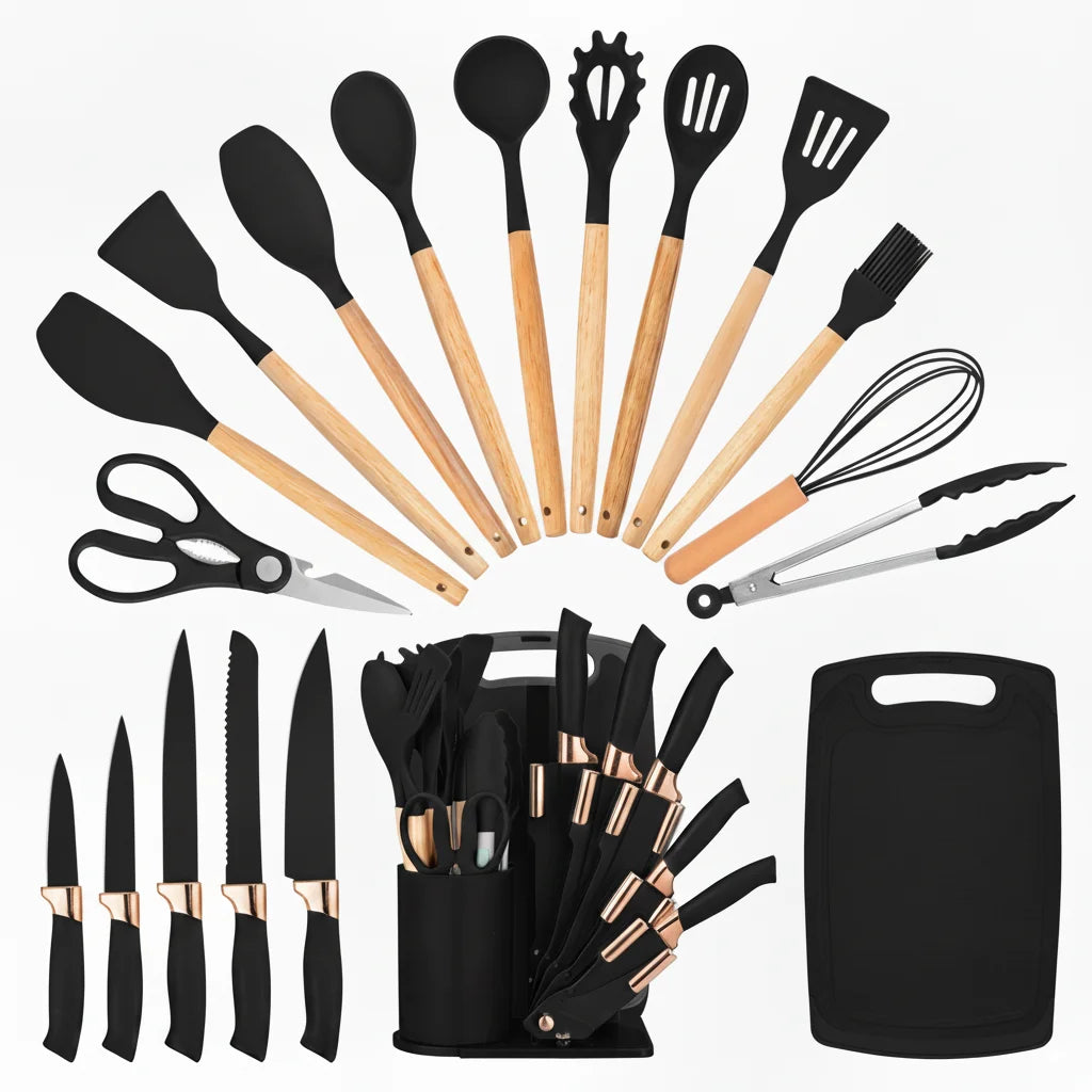 Professional Kitchen Knife Set With Silicone Utensils And Cutting Board