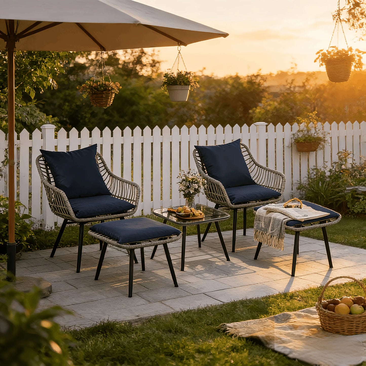 PIYRQ Outdoor Rattan Furniture Set Five Piece With Iron Frame