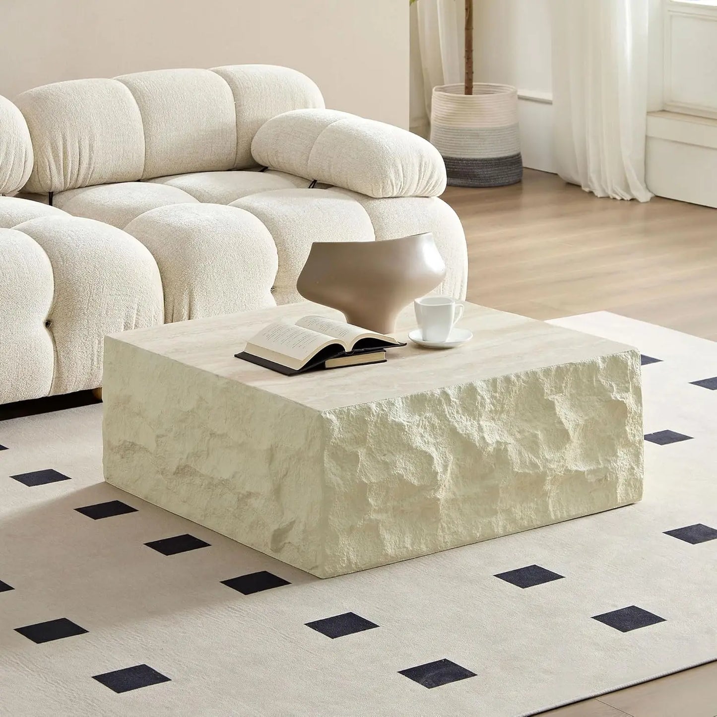 Modern Coffee Table Stainless Steel Pedestal And Faux Stone Top