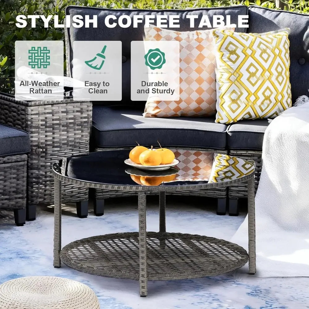 Outdoor 9-Piece Curved Patio Furniture Set With Wood Armrests