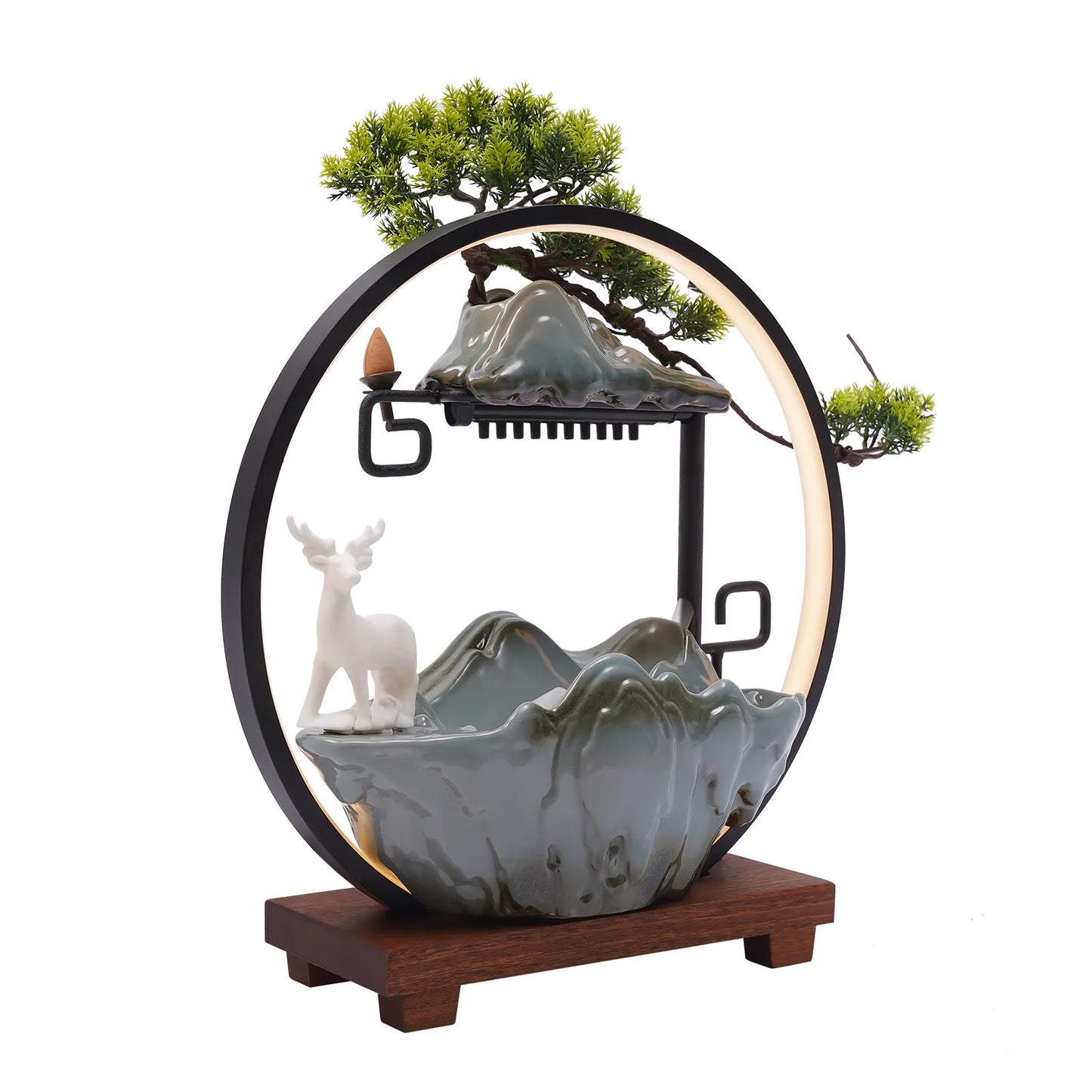 Ceramic Tabletop Fountain With Mist LED Deer Figurine And Pine Branches