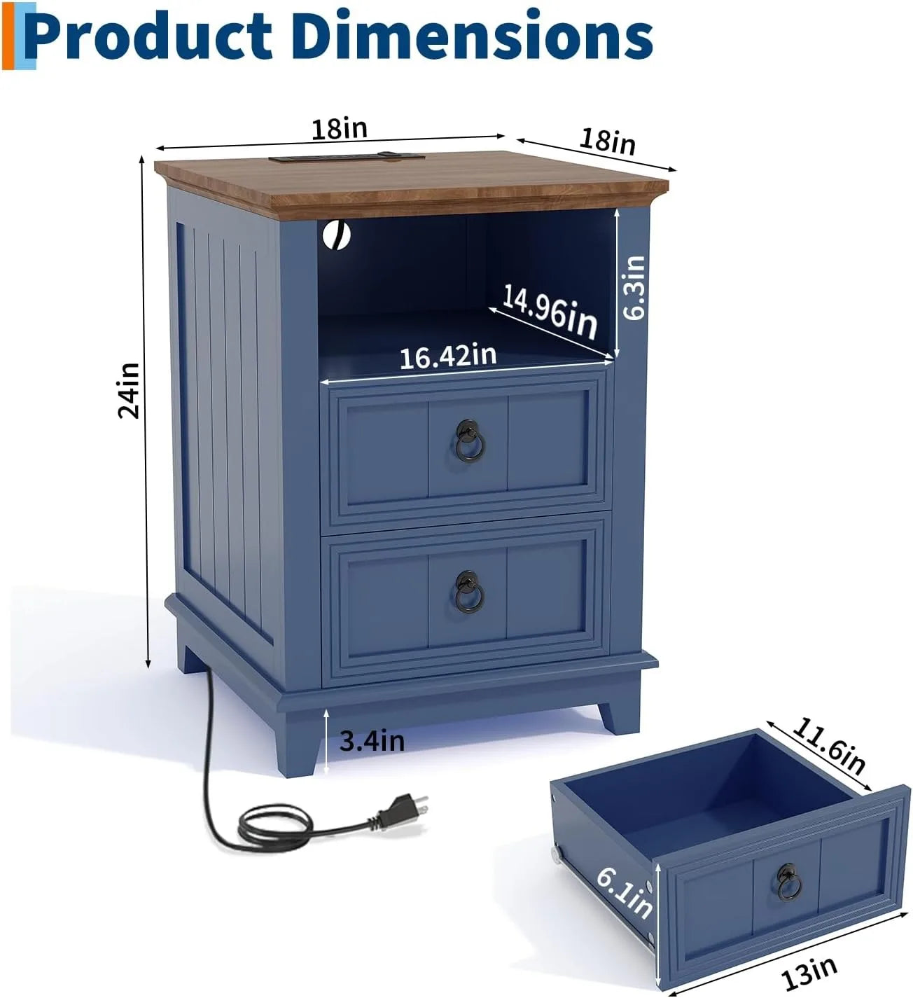 Modern Fluted Wood Nightstand With USB Charging And Storage Shelf