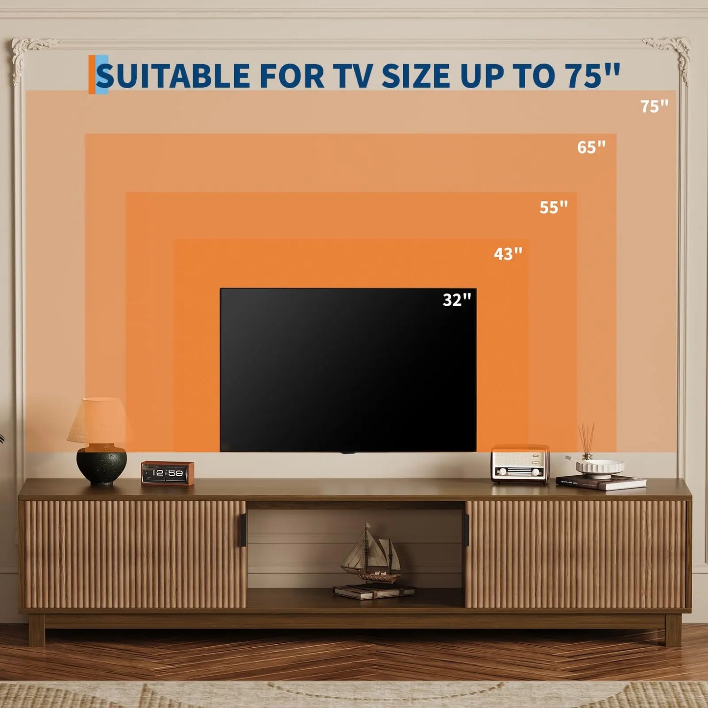 HiMISS Mid Century Fluted Wood TV Stand With Adjustable Shelves