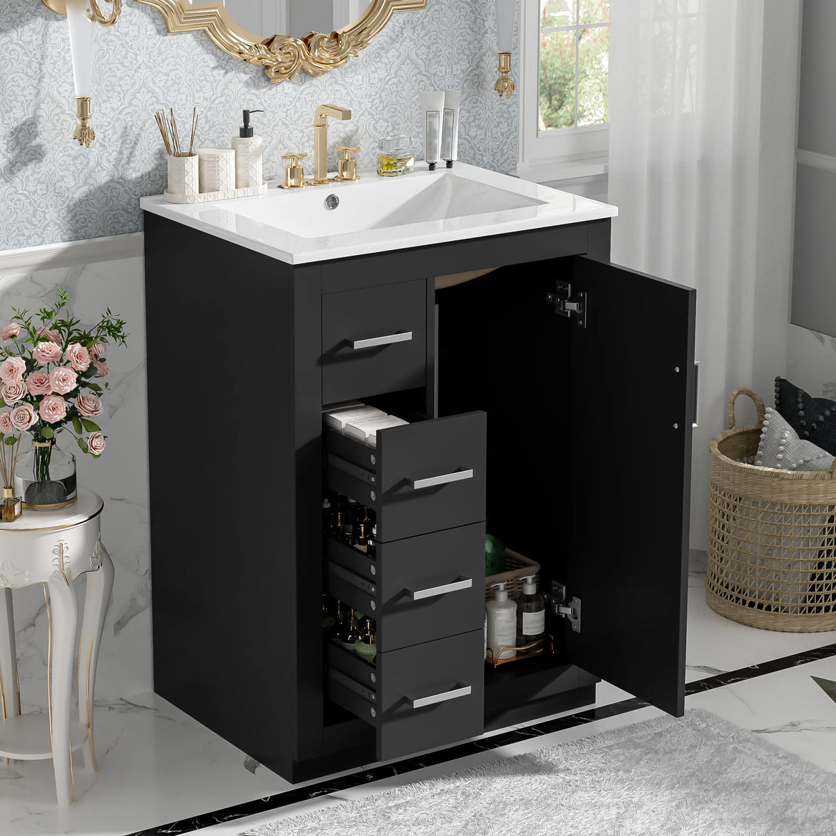 Modern Bathroom Vanity Cabinet With Integrated Ceramic Sink And Storage