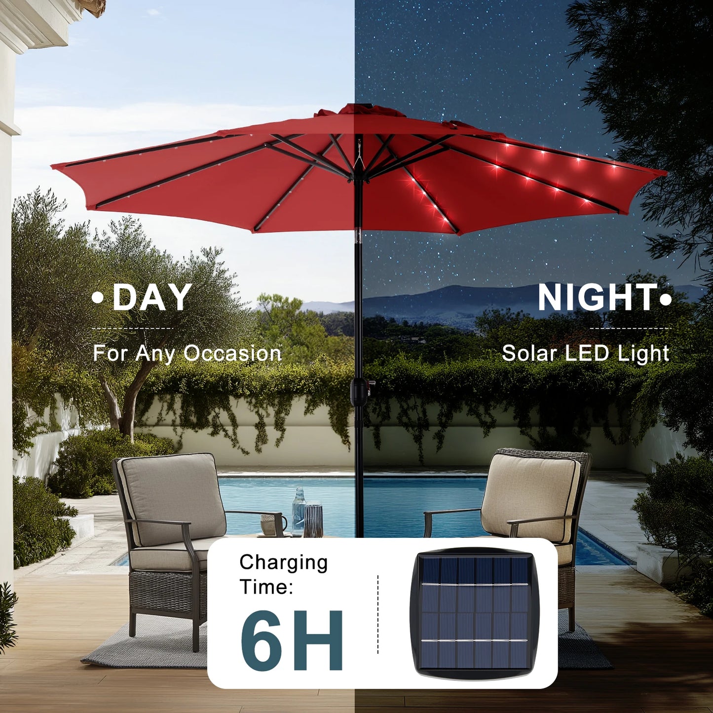 JHK Solar Patio Umbrella With 32 LED Lights Outdoor Shade