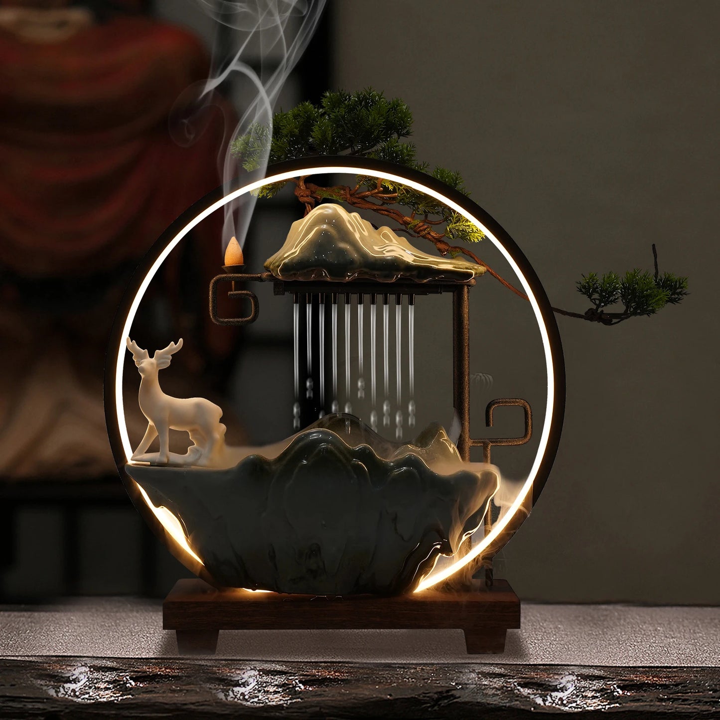Ceramic Tabletop Fountain With Mist LED Deer Figurine And Pine Branches