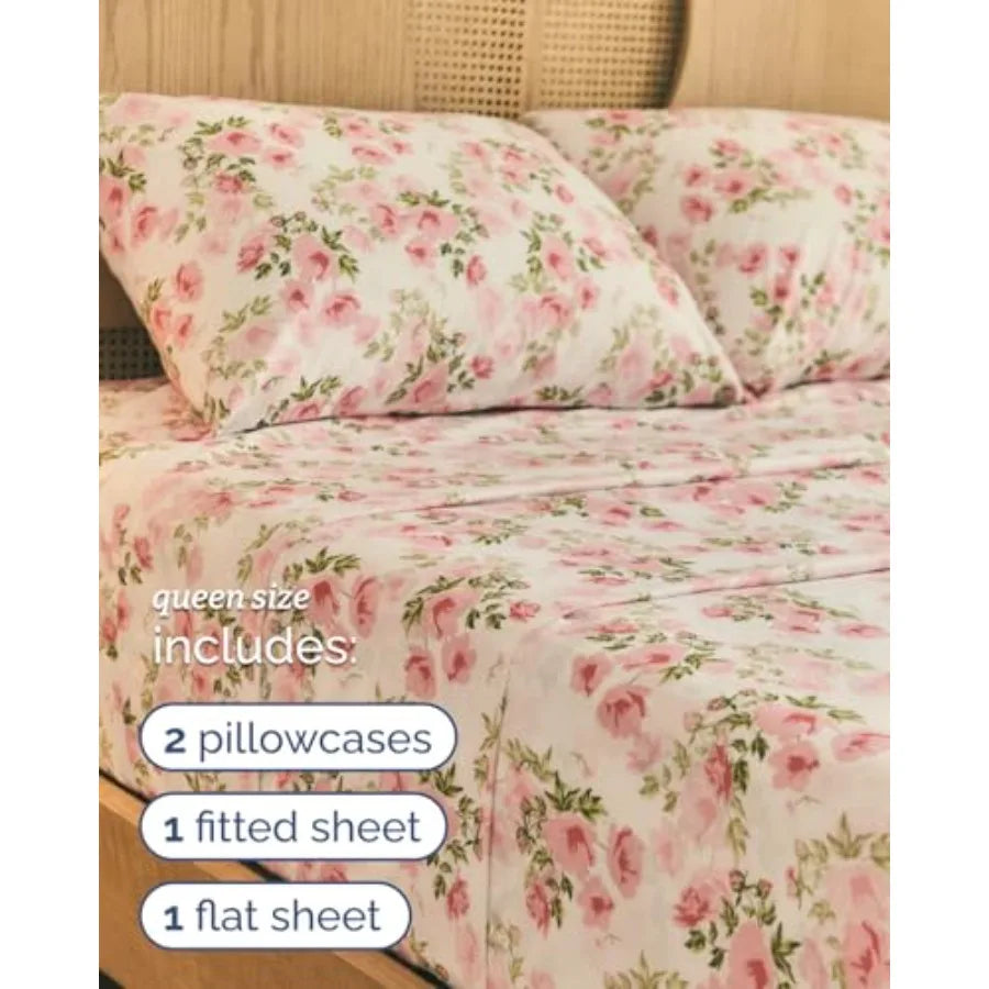 Floral Bed Sheet Set With Deep Pocket Pillowcases Polyester Cotton