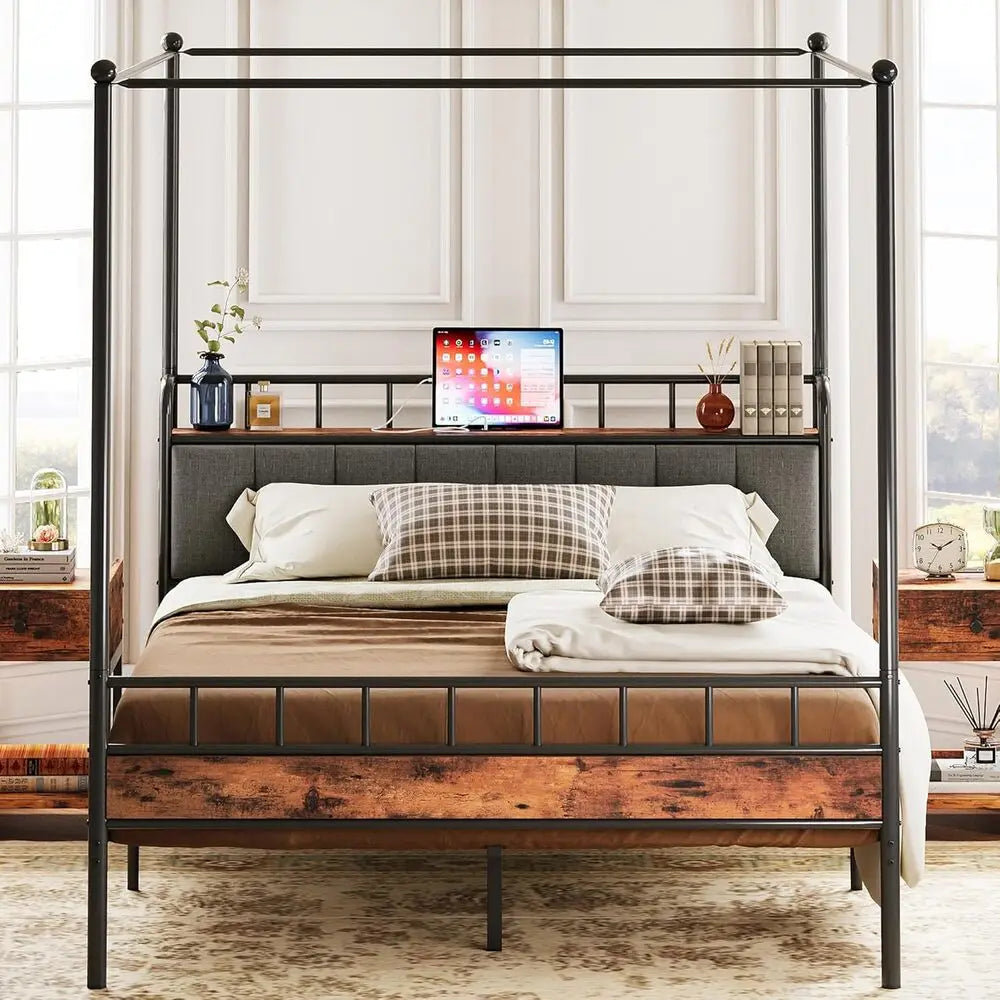 LIKIMIO Canopy Bed Frame With Storage Headboard And Charging Station
