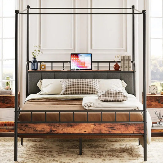 LIKIMIO Canopy Bed Frame With Storage Headboard And Charging Station