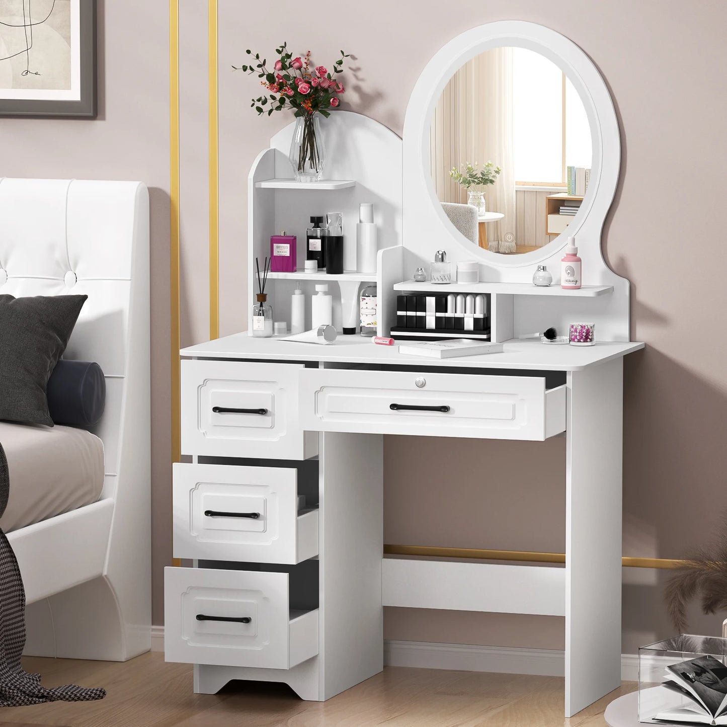 Modern Vanity Table With Mirror Lights And Four Drawers