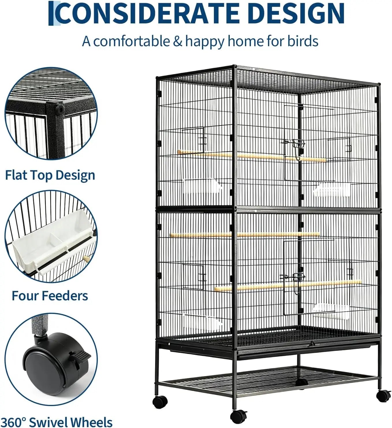 HiMISS Spacious Bird Cage With Rolling Stands And Feed Bowls