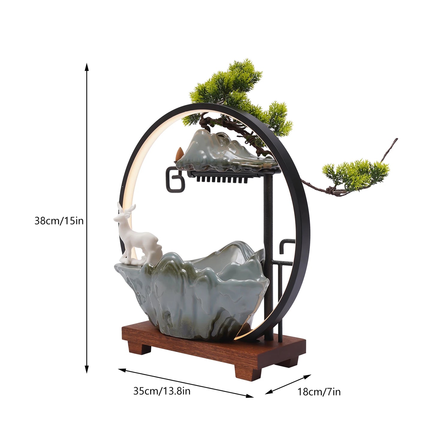 Ceramic Tabletop Fountain With Mist LED Deer Figurine And Pine Branches