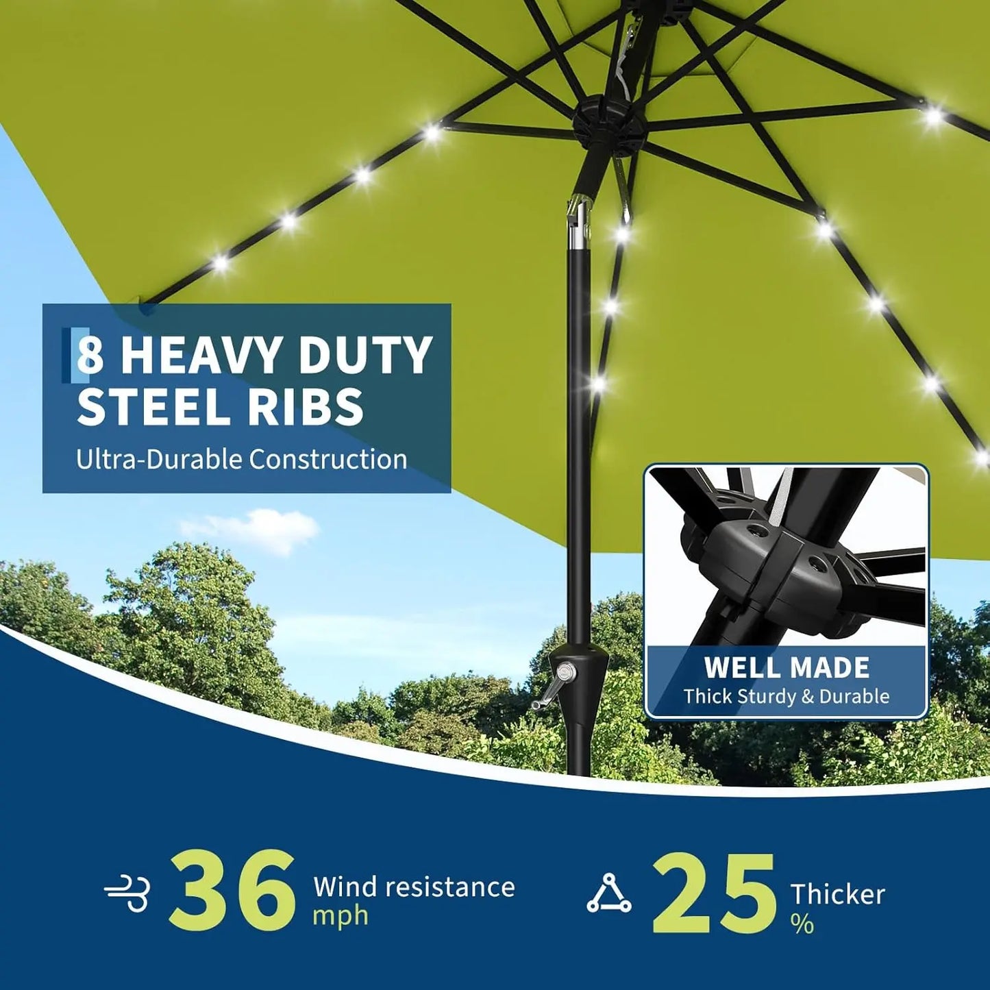 HiMISS Solar Patio Umbrella With 32 LED Lights And Crank Lift