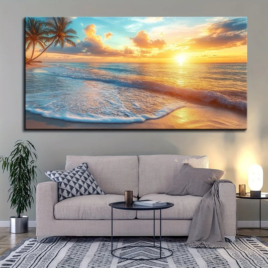 Pine Solid Wood Frame Canvas Wall Art Ocean Sunset Beach Scene