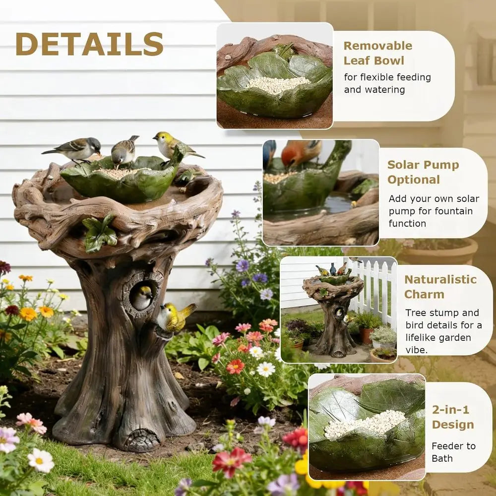 Tree Trunk Bird Bath Outdoor Resin With Removable Feeding Bowl