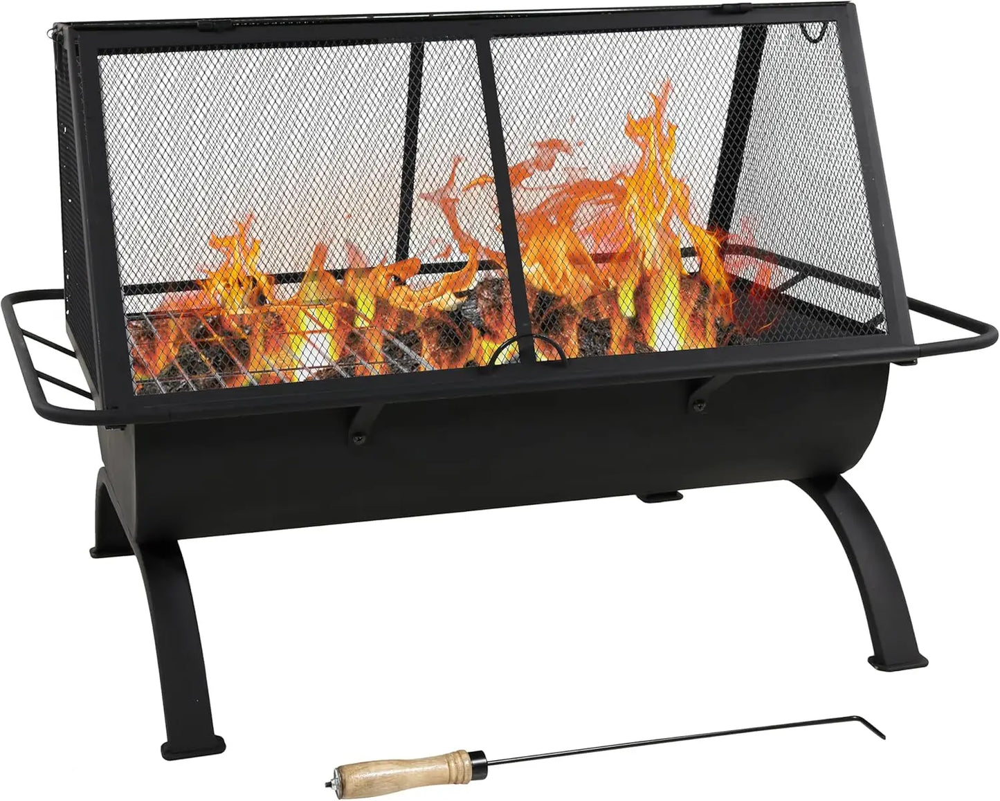 36 Inch Steel Outdoor Fire Pit With Grill Cooking Grate Spark Screen Cover Poker