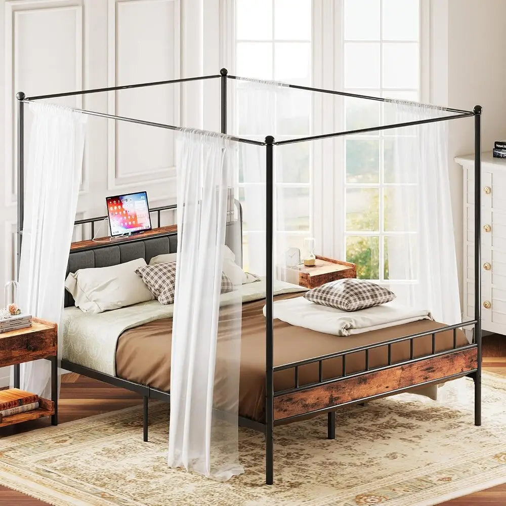 LIKIMIO Canopy Bed Frame With Storage Headboard And Charging Station