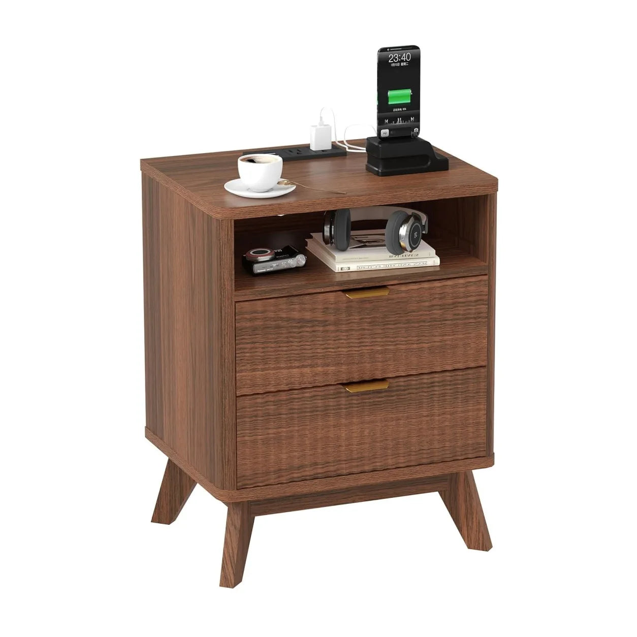 Modern Fluted Nightstand With Drawer And USB Charging