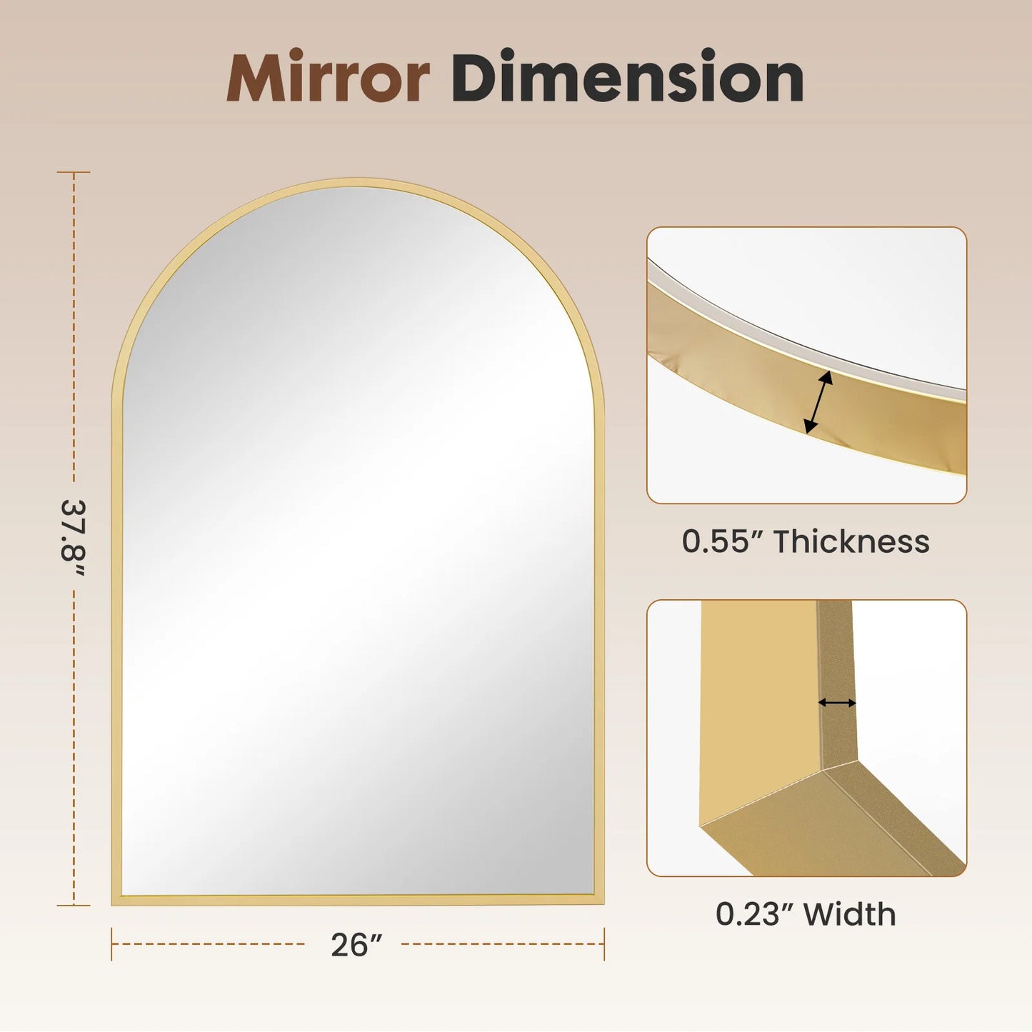 JHK Arched Glass Mirror For Wall Modern Framed Bathroom Decor