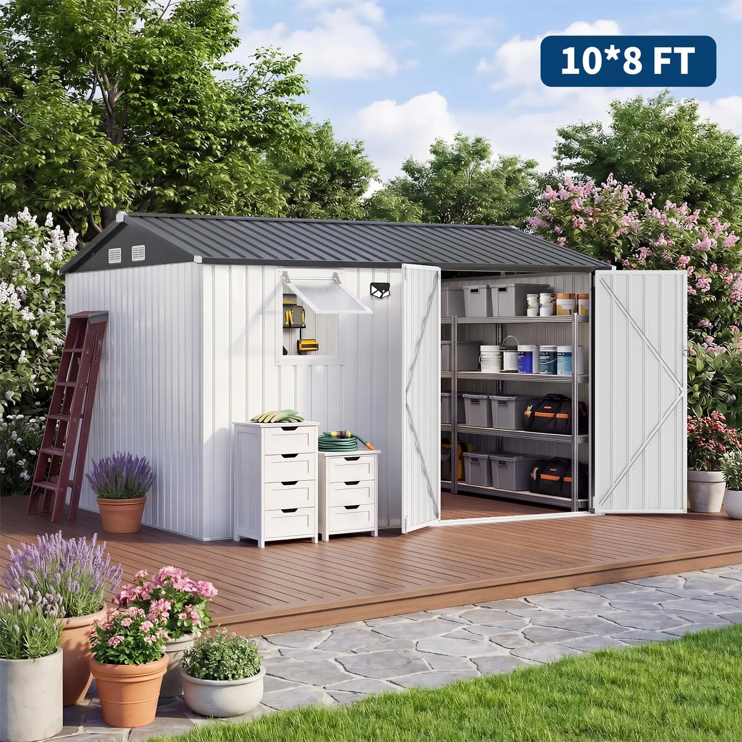 HiMISS Steel Garden Storage Shed Lockable Doors With Sloped Roof