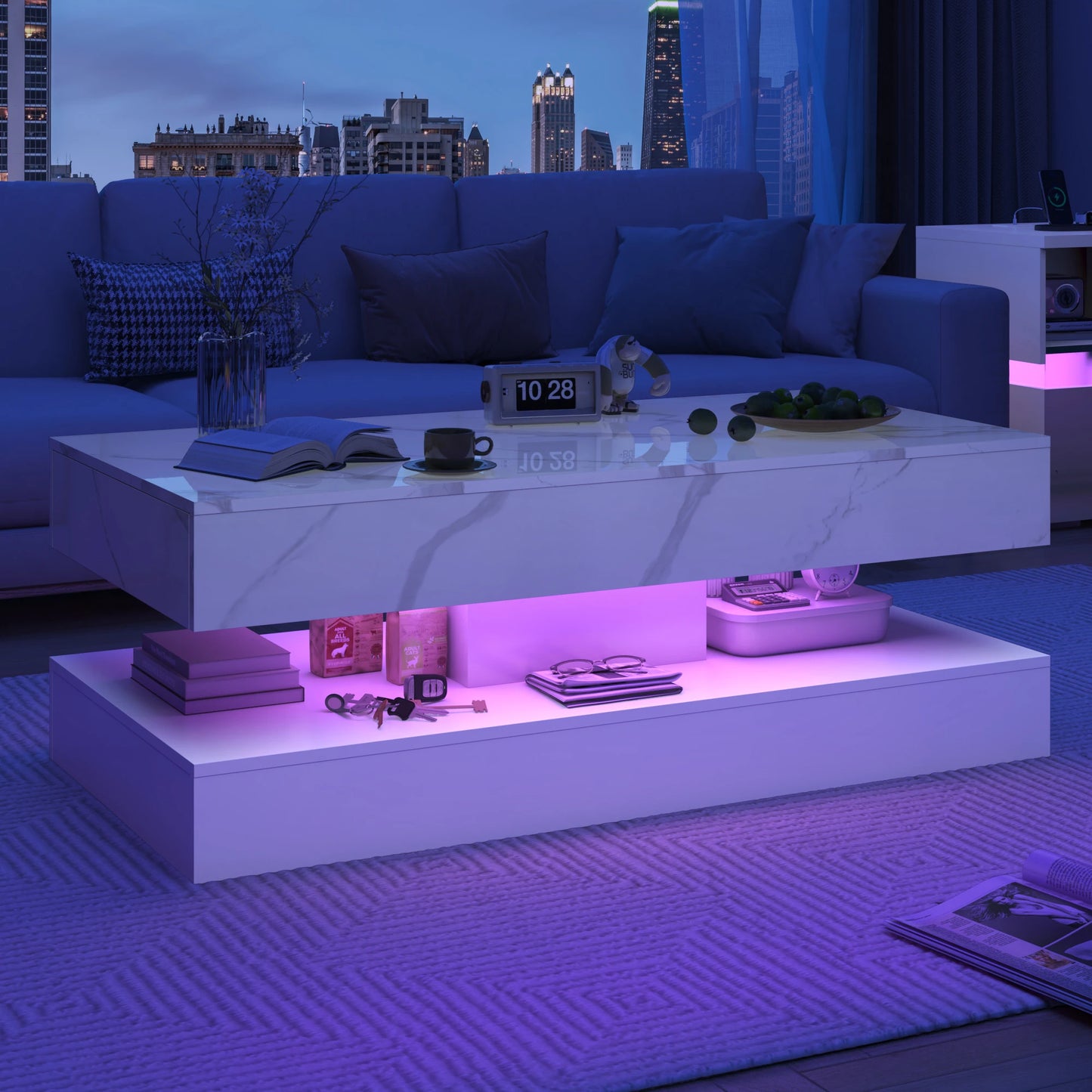 QiaoShiRen Modern LED Coffee Table With Two Drawers And Storage