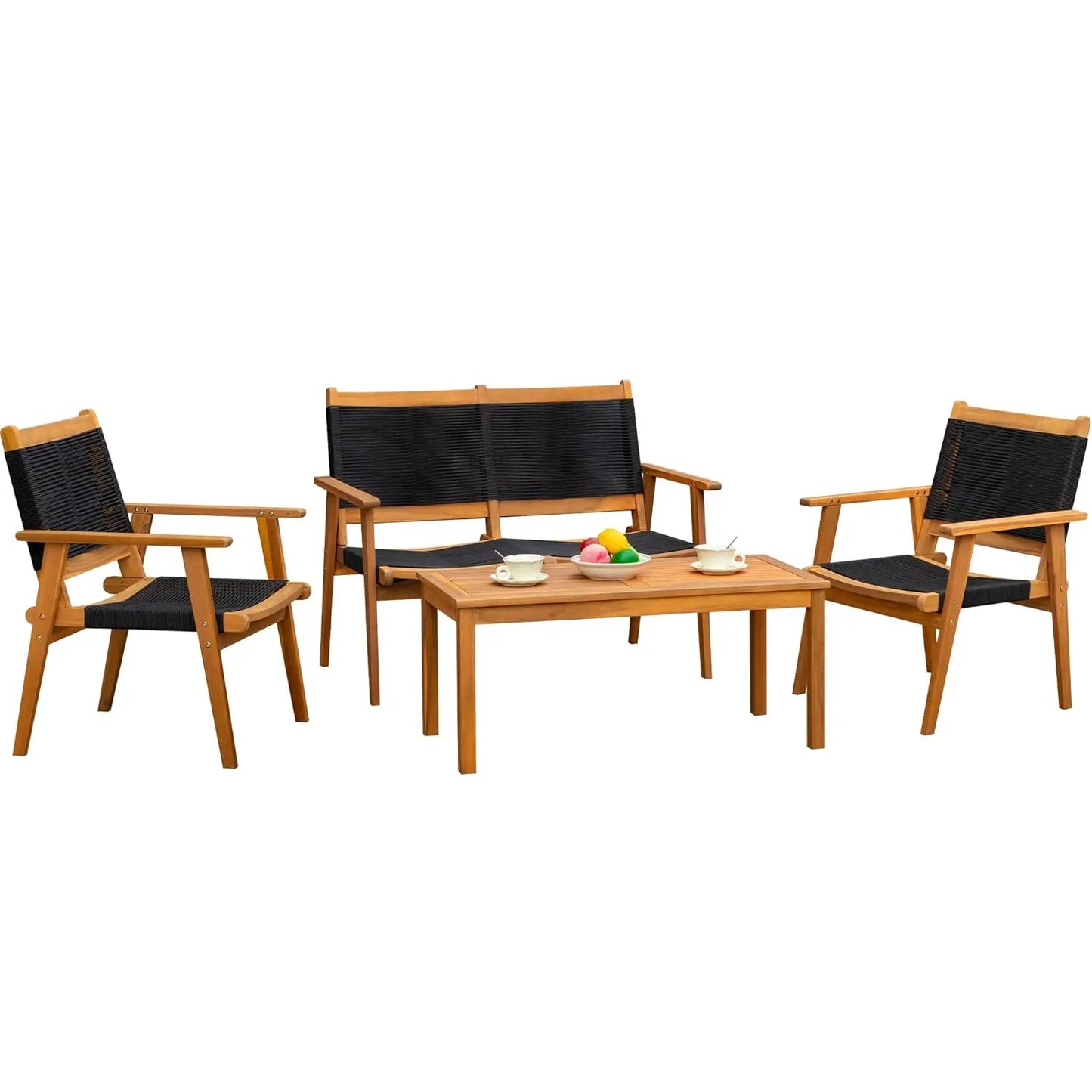 Acacia Wood 4 Piece Conversation Set Hand Woven Rope Seats
