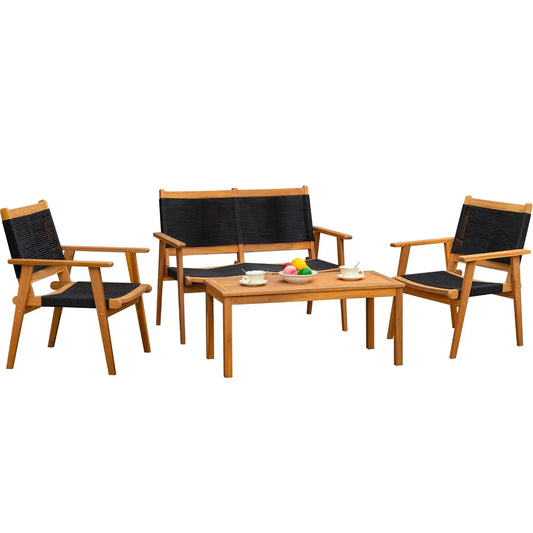 Acacia Wood 4 Piece Conversation Set Hand Woven Rope Seats