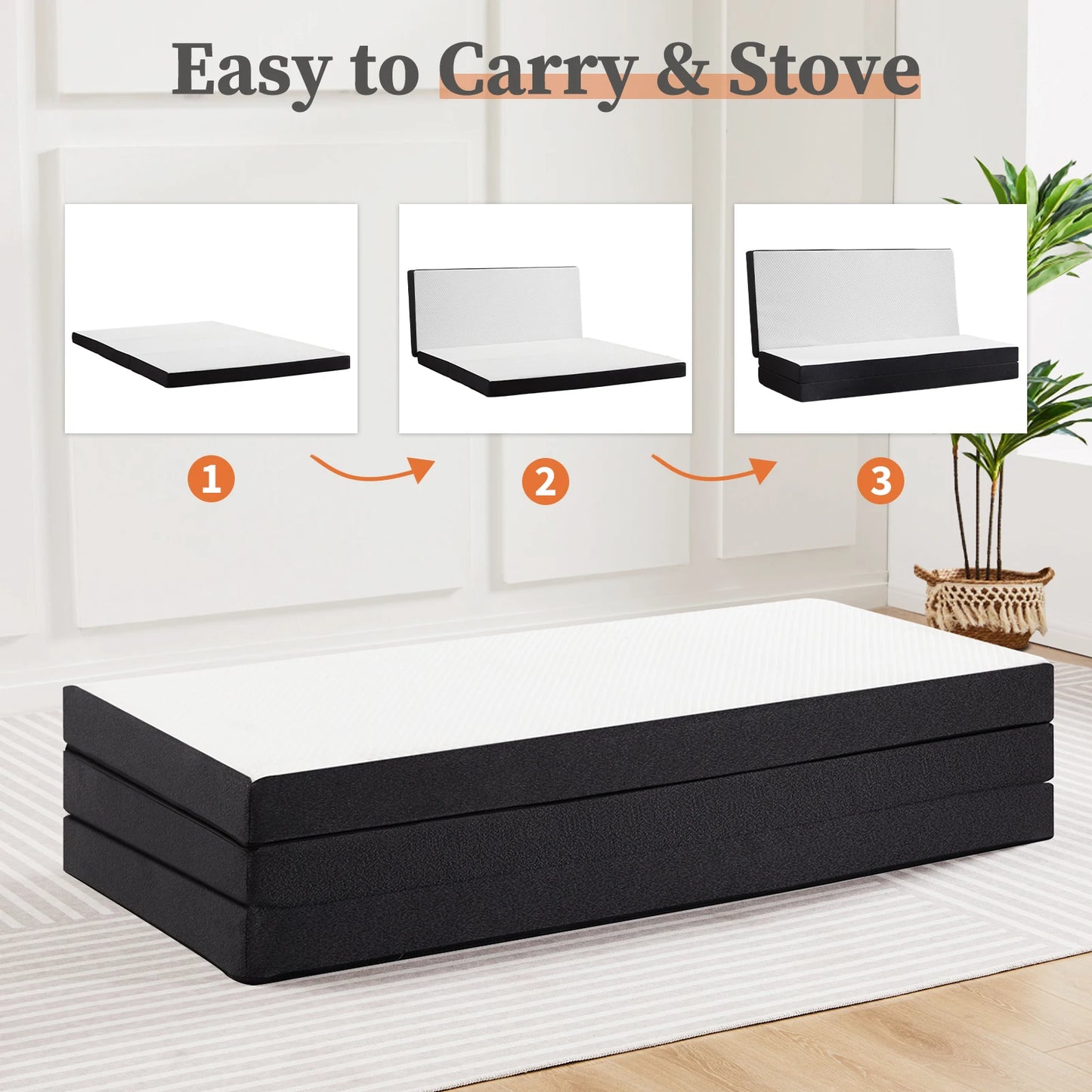 JHK Tri Fold Memory Foam Mattress Washable Cover CertiPURUS Certified