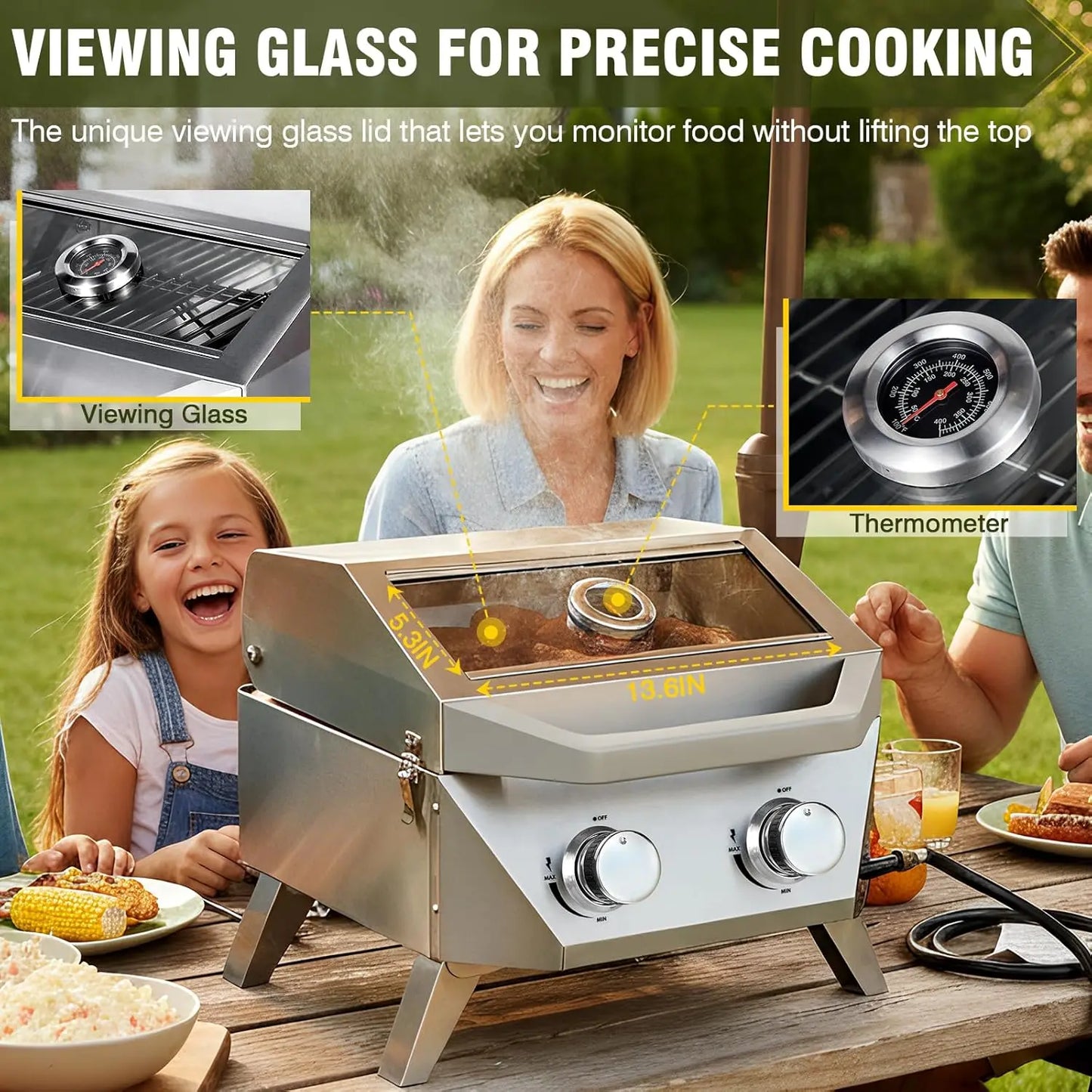 Porterhouse 20000 BTU Tabletop Gas Grill With Glass Lid 2 Burners