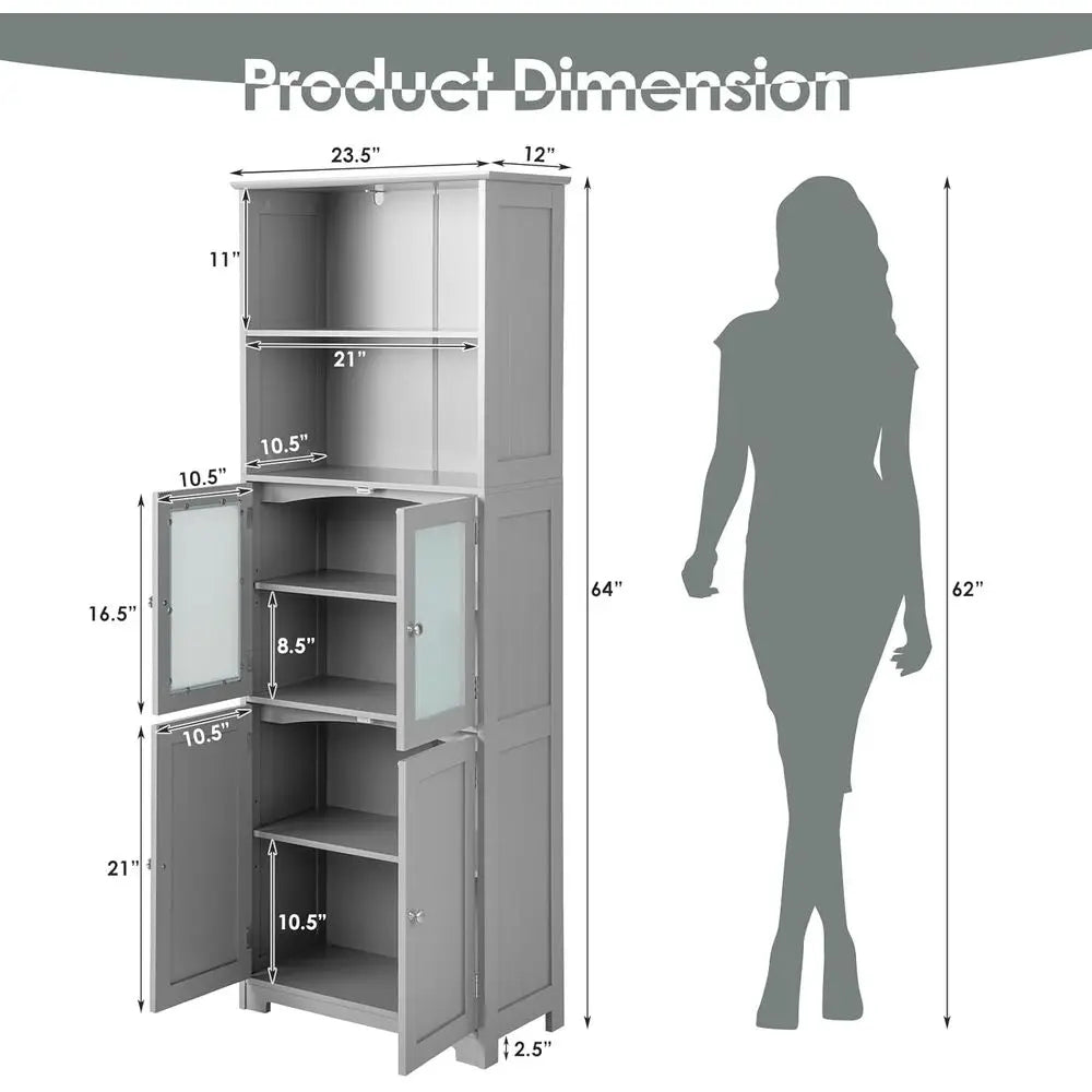 Tall Bathroom Storage Cabinet With Glass Doors And Shelves