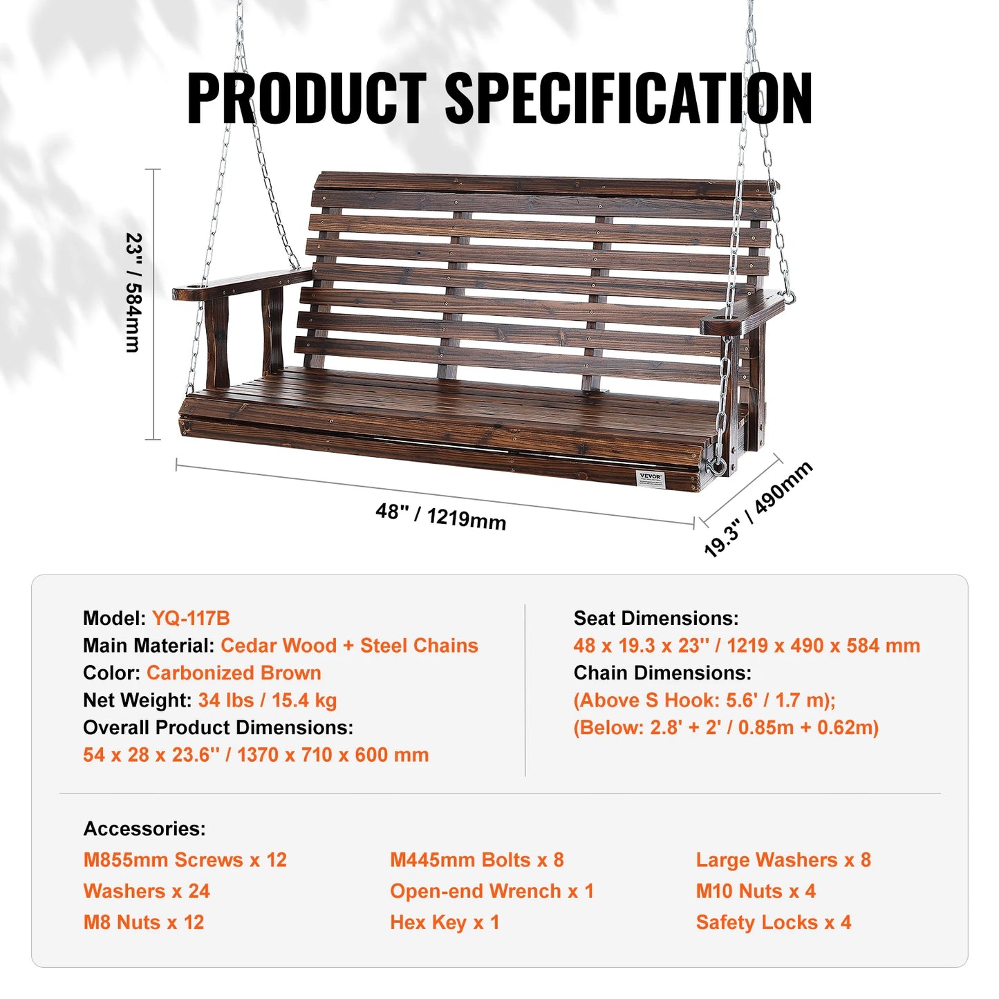 SucceBuy Cedar Wood Porch Swing With Steel Chains