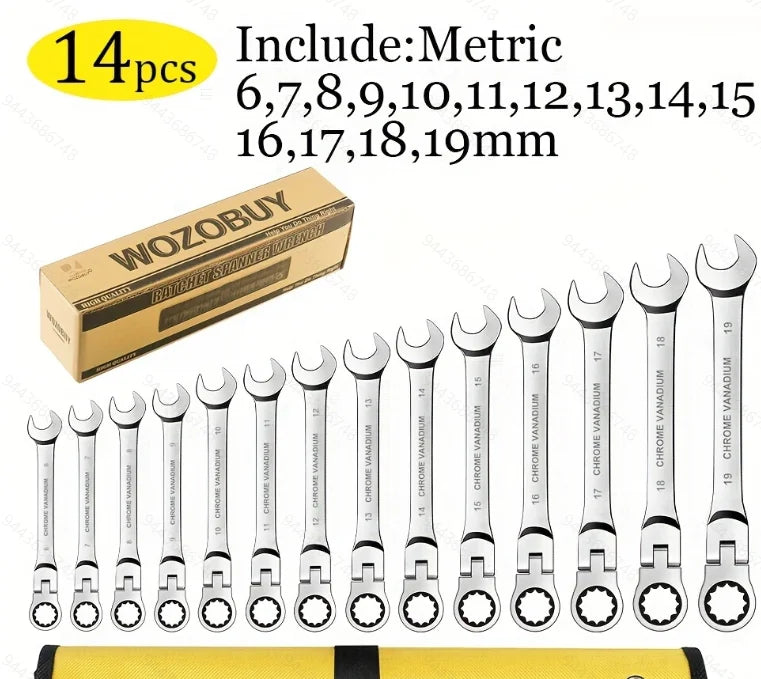 WOZOBUY Flex-Head Ratchet Wrench Set Cr-V Steel With Rolling Pouch