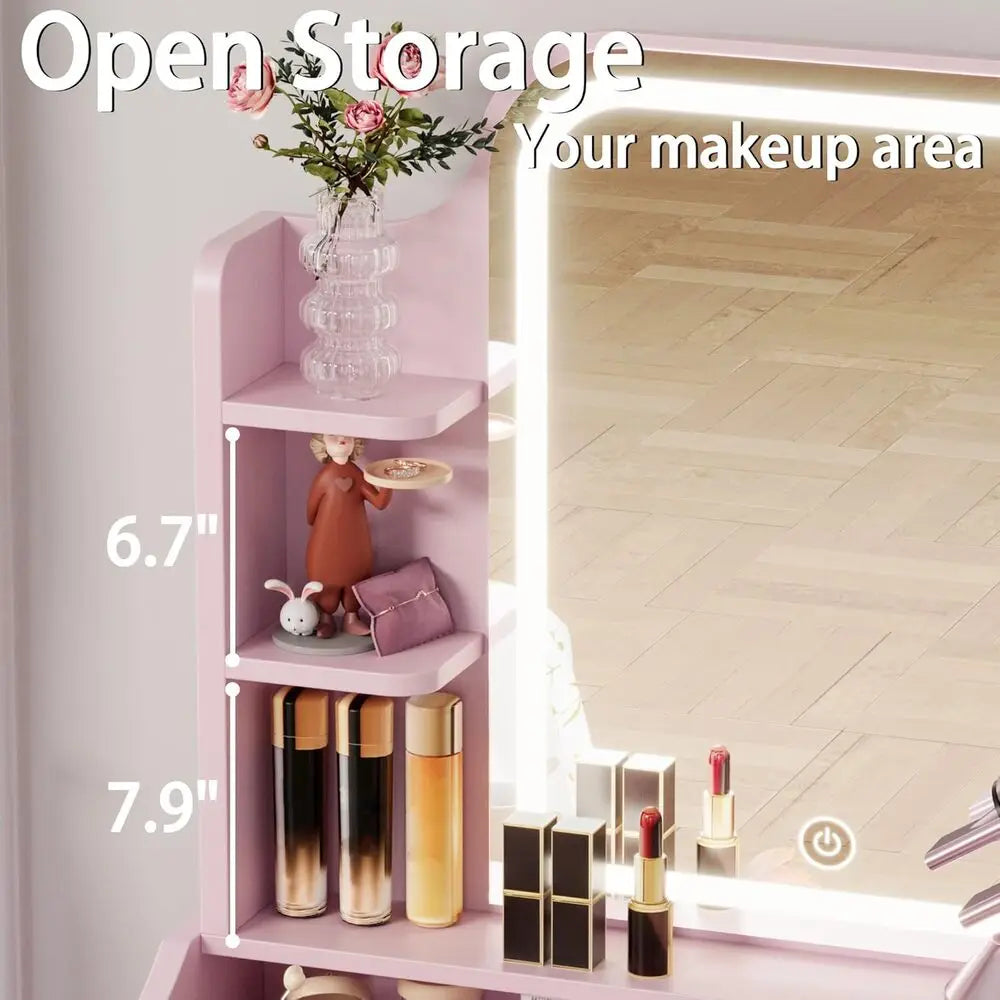 LIKIMIO Vanity Desk With Mirror And Lights Chair Storage Drawer