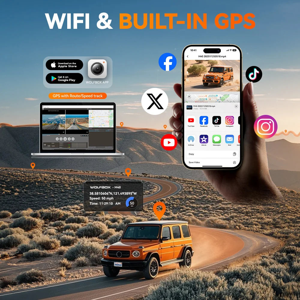 WOLFBOX M40 Dash Cam 4K+1080P With Voice Control And GPS