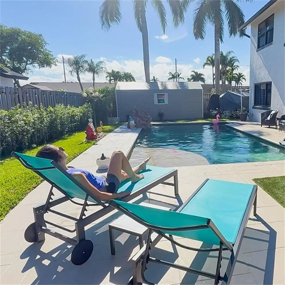 Outdoor Lounge Chairs Pair Resin Adjustable Backrest With Side Table