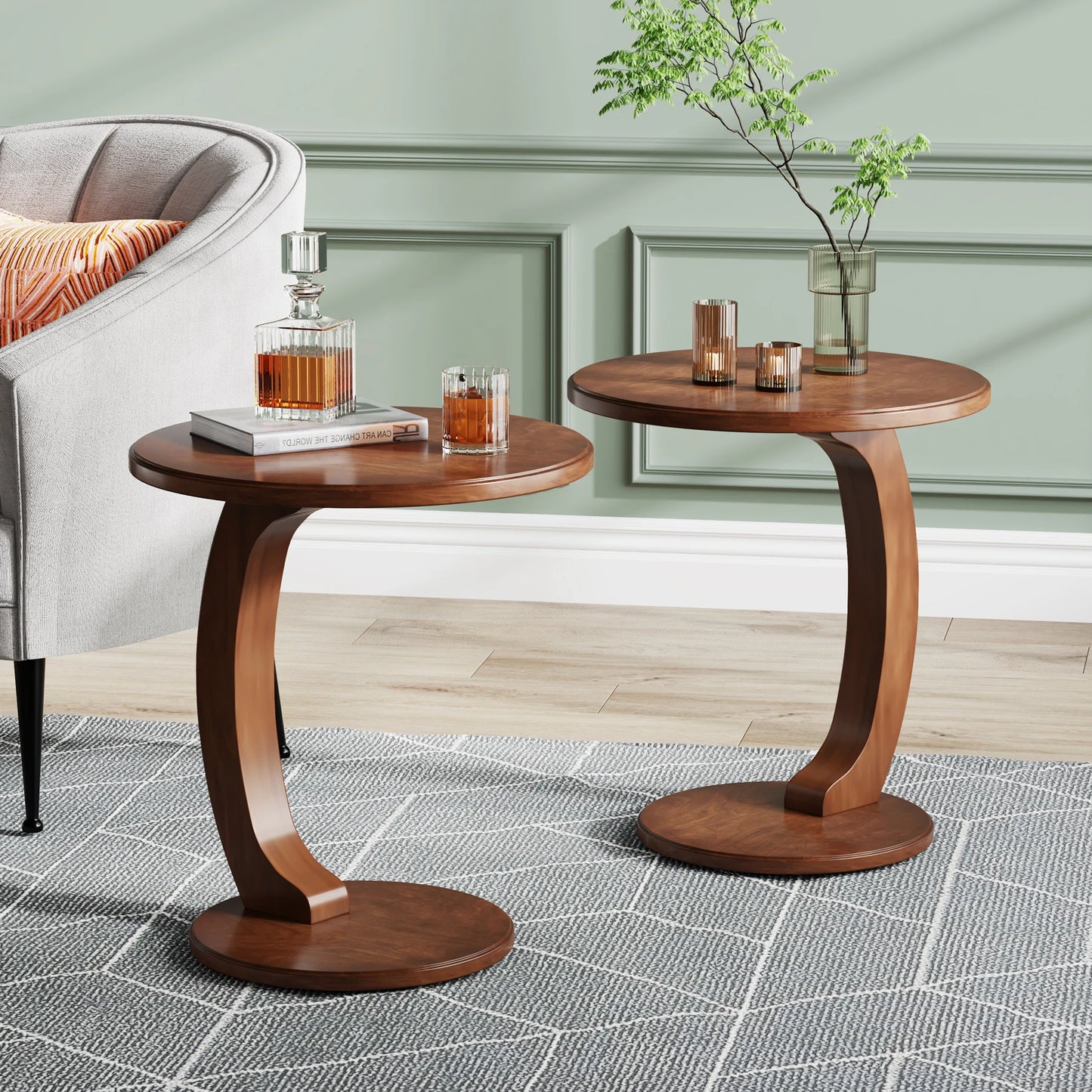 Tribesigns Round Wood C Shaped End Table For Living Room